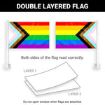 Load image into Gallery viewer, G128 2 Pack: LGBT Progress Rainbow Pride Car Flag 11x17 In Double LiteWeave Pro Series Double Sided Printed 150D Polyester Flagpole Included Perfect for Festival Celebrations, Parades