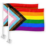 Load image into Gallery viewer, G128 2 Pack: LGBT Progress Rainbow Pride Car Flag 11x17 In Double LiteWeave Pro Series Double Sided Printed 150D Polyester Flagpole Included Perfect for Festival Celebrations, Parades