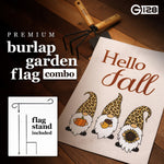 Load image into Gallery viewer, G128 Combo Pack: Garden Flag Stand Black 36 in x 16 in & Garden Flag Hello Fall Decoration Three Gnomes with Pumpkin Acorn Sunflower 12x18 DoubleSided Burlap Fabric