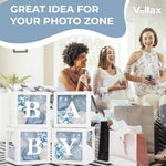 Load image into Gallery viewer, Baby Shower Boxes with Letters 44 Pcs White Boxes with White Dusty Blue Light Blue and Confetti Balloons Gender Reveal & Party Decoration Set by