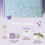 Load image into Gallery viewer, Mini Lavender Spa Gift Set Relaxation Gift Basket for Women Self Care Package with Lavender Candle Bath Bomb Soap Greeting Card & More