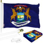 Load image into Gallery viewer, Combo Pack: 6 Feet Tangle Free Spinning Flagpole (White) Michigan MI State Flag 3x5 ft Printed 150D Brass Grommets (Flag Included) Aluminum Flag Pole
