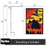 Load image into Gallery viewer, G128 Combo Pack: Garden Flag Stand Black 36x16 Inch & Garden Flag Witch Bats Spiders 12x18 Inch