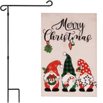 Load image into Gallery viewer, G128 Combo Pack: Garden Flag Stand Black 36 in x 16 in & Garden Flag Merry Christmas Decoration Three Festive Gnomes 12x18 DoubleSided Burlap Fabric