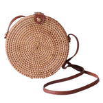 Load image into Gallery viewer, Handmade Rattan Round Purse with Leather Strap Woven Crossbody bags for Women Brown Tan Wicker Boho Straw Bags for Women Trendy Vacation Purse for Travel & Casual Outfits Gift for Her Sustainable Stylish Natural Rattan