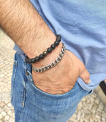 Load image into Gallery viewer, Black Lava Rock Beads Natural Stone Bracelets with Pyrite Set of 2 Healing Crystal Energy Activation Power Chakra Reiki Elastic Stretch Bracelet for Protection Man Women Diffuser Elastic Yoga 8mm
