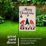 Load image into Gallery viewer, G128 Combo Pack: Garden Flag Stand Black 36 in x 16 in & Garden Flag Merry Christmas Decoration Three Festive Gnomes 12x18 DoubleSided Burlap Fabric