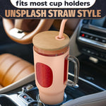 Load image into Gallery viewer, 46 Oz Glass Tumbler with Straw and Lid Peach Glass Water Bottle with Natural Bamboo Lid 2 Slim and Boba Straws Silicone Sleeve Dishwasher Safe Car Holder Friendly Ergonomic Grip Easy Visibility