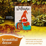 Load image into Gallery viewer, Garden Flag Welcome Gnome Sitting on Patterned Pumpkins 12x18 Blockout Fabric