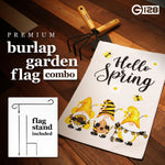 Load image into Gallery viewer, Combo Pack: Garden Flag Stand Black 36 in x 16 in & Garden Flag Hello Spring Decoration Three Bee Gnomes 12x18 DoubleSided Burlap Fabric