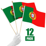 Load image into Gallery viewer, G128 12 Pack Handheld Portugal Portuguese Stick Flags 12x18 In Printed 150D Polyester, Country Flag, Solid Wooden Stick, Spear Gold Tip