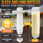 Load image into Gallery viewer, Set of 3 Condiment Squeeze Bottles for Sauces 16 oz Easy to Fill Clear Bottles with Self Closing Valve Ready to Dispense for Dressings Ketchup Mustard & More Durable Reusable Mess Free Design