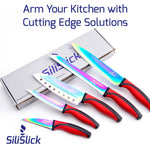 Load image into Gallery viewer, Kitchen Knife Set 5 Professional Grade Iridescent Blade Sharpener Hanger Red