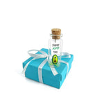 Load image into Gallery viewer, Tiny Magical Message in a Bottle Gift Idea Classy Inspirational Gifts for Him and Her Unique Presents for Women and Men (Green Avocado Happy Avo Day in Teal Gift Box)