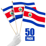 Load image into Gallery viewer, G128 50 Pack Handheld Costa Rica Costa Rican Stick Flags 12x18 In Printed 150D Polyester, Country Flag, Solid Wooden Stick, Spear Gold Tip