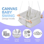Load image into Gallery viewer, Grey Canvas Baby Swing Wooden Hanging Swing Seat Chair with Safety Belt Durable Baby Swing Chair Outdoor and Indoor Swing for Kids Mounting Hardware Included Gray