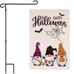 Load image into Gallery viewer, G128 Combo Pack: Garden Flag Stand Black 36 in x 16 in & Garden Flag Happy Halloween Decoration Three Gnomes Spider Web 12x18 DoubleSided Burlap Fabric