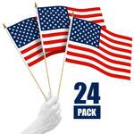 Load image into Gallery viewer, G128 24 Pack Handheld American USA Stick Flags 12x18 In Printed 150D Polyester, Country Flag, Solid Wooden Stick, Spear Gold Tip, Great for Patriotic Decorations