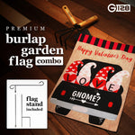 Load image into Gallery viewer, G128 Combo Pack: Garden Flag Stand Black 36 in x 16 in & Garden Flag Happy Valentine's Day Decoration Love Four Gnomes in Truck 12x18 DoubleSided Burlap Fabric