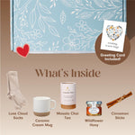 Load image into Gallery viewer, Tea Lovers Gift Basket Soothing Self Care Box with Fluffy Socks Ceramic Mug