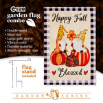 Load image into Gallery viewer, G128 Combo Pack: Garden Flag Stand Black 36 in x 16 in &amp; Garden Flag Fall Decoration Happy Fall Blessed Two Gnomes Sitting on Pumpkins 12x18 DoubleSided Blockout Fabric