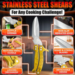 Load image into Gallery viewer, 4 in 1 Multifunction Heavy Duty Kitchen Shears Sharp Seafood Fish Turkey Chicken Shears with Non Slip Metal Handle &amp; Micro Serrated Blades for Meat Spring Loaded Bone Scissors Gold