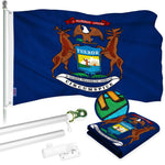Load image into Gallery viewer, G128 Combo Pack: 6 Ft Tangle Free Aluminum Spinning Flagpole (Silver) &amp; Michigan MI State Flag 3x5 Ft, ToughWeave Series Embroidered 300D Polyester  Pole with Flag Included