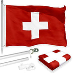 Load image into Gallery viewer, G128 Combo Pack: 6 Feet Tangle Free Spinning Flagpole (Silver) Switzerland Swiss Flag 3x5 ft Printed 150D Brass Grommets (Flag Included) Aluminum Flag Pole