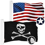 Load image into Gallery viewer, G128 Combo Pack: American USA Flag 20x30 In &amp; Pirate Jolly Roger Bones Flag 20x30 In  Both ToughWeave Series Embroidered 300D Polyester, Embroidered Design, Indoor/Outdoor, Brass Grommets