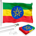 Load image into Gallery viewer, Flag Pole 6FT Silver Tangle Free &amp; Ethiopia Ethiopian Flag 3x5 Ft Combo Printed 150D Polyester By G128