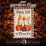 Load image into Gallery viewer, Garden Flag Happy Fall Blessed Two Gnomes Sitting on Pumpkins 12x18 Blockout Fabric