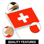 Load image into Gallery viewer, G128 24 Pack Handheld Switzerland Swiss Stick Flags  12x18 In  Printed 150D Polyester, Country Flag, Solid Wooden Stick, Spear Gold Tip