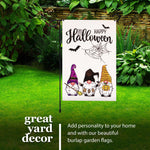 Load image into Gallery viewer, G128 Combo Pack: Garden Flag Stand Black 36 in x 16 in &amp; Garden Flag Happy Halloween Decoration Three Gnomes Spider Web 12x18 DoubleSided Burlap Fabric