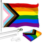 Load image into Gallery viewer, G128 Combo Pack: 6 Ft Tangle Free Aluminum Spinning Flagpole (Silver) &amp; LGBT Progress Rainbow Pride Flag 3x5 Ft, LiteWeave Pro Series Printed 150D Polyester  Pole with Flag Included