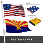 Load image into Gallery viewer, G128 Combo Pack: USA American Flag 3x5 Ft Embroidered Stars &amp; Arizona State Flag 3x5 Ft Embroidered Double Sided 2ply