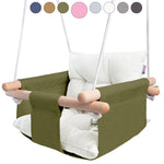 Load image into Gallery viewer, Canvas Baby Swing Wooden Hanging Swing Seat Chair with Safety Belt Durable Baby Swing Chair Outdoor and Indoor Swing for Kids Mounting Hardware Included Green