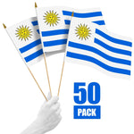 Load image into Gallery viewer, G128 50 Pack Handheld Uruguay Uruguayan Stick Flags  12x18 In  Printed 150D Polyester, Country Flag, Solid Wooden Stick, Spear Gold Tip