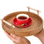 Load image into Gallery viewer, Rattan Tray 8.7 Inch Round Woven Serving Basket with Handles Decorative Tray for Coffee Table Bread Fruit Vegetables Restaurant &amp; Home Use