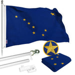 Load image into Gallery viewer, G128 Combo Pack: 5 Ft Tangle Free Spinning Flagpole (Silver) &amp; Alaska Flag 2x3 Ft Embroidered 220GSM Spun Polyester, Brass Grommets (Flag Included) Aluminum Flag Pole