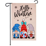 Load image into Gallery viewer, G128 Garden Flag Hello Winter Three Cozy Gnomes 12x18 Burlap Fabric