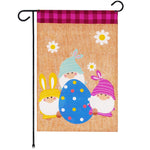 Load image into Gallery viewer, G128 Garden Flag Three Gnomes with Large Easter Egg 12x18 Burlap Fabric