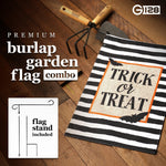 Load image into Gallery viewer, G128 Combo Pack: Garden Flag Stand Black 36 in x 16 in &amp; Garden Flag Halloween Decoration Trick or Treat Bats and Black and White Stripes 12x18 DoubleSided Burlap Fabric