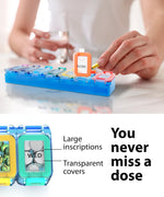 Load image into Gallery viewer, Weekly Pill Organizer 1 time a Day Pill Box 7 Day with Waterproof Seal Large compartments Hold Big Vitamins &amp; Supplements Upgraded Locking lids for Home &amp; Travel use Durable Hard case