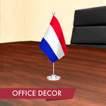 Load image into Gallery viewer, G128 Netherlands Dutch Deluxe Desk Flag Set  8.5x5.5 In  Printed 300D Polyester, with Silver Dome and Base, 15 Metal Pole, Decorations For Office, Home and Festival Events Celebration