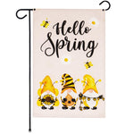 Load image into Gallery viewer, G128 Garden Flag Hello Spring Three Bee Gnomes 12x18 Burlap Fabric