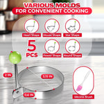 Load image into Gallery viewer, 5 Pcs Pancake Mold Set – Stainless Steel Pancake Molds for Griddle with Fun Shapes Comfortable Handles and Non Slip Design – Egg Shaper for Frying Pan With Silicone Brush for Easy Use &amp; Cleaning