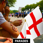 Load image into Gallery viewer, G128 50 Pack Handheld England English Stick Flags  12x18 In  Printed 150D Polyester, Country Flag, Solid Wooden Stick, Spear Gold Tip