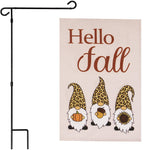 Load image into Gallery viewer, G128 Combo Pack: Garden Flag Stand Black 36 in x 16 in &amp; Garden Flag Hello Fall Decoration Three Gnomes with Pumpkin Acorn Sunflower 12x18 DoubleSided Burlap Fabric
