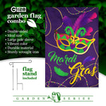 Load image into Gallery viewer, Combo Pack Garden Flag Stand Black 36x16 in and Garden Flag 12x18 in Mardi Gras