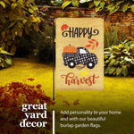 Load image into Gallery viewer, G128 Combo Pack: Garden Flag Stand Black 36 in x 16 in &amp; Garden Flag Fall Decoration Happy Harvest Pumpkin in Truck Bed 12x18 DoubleSided Burlap Fabric